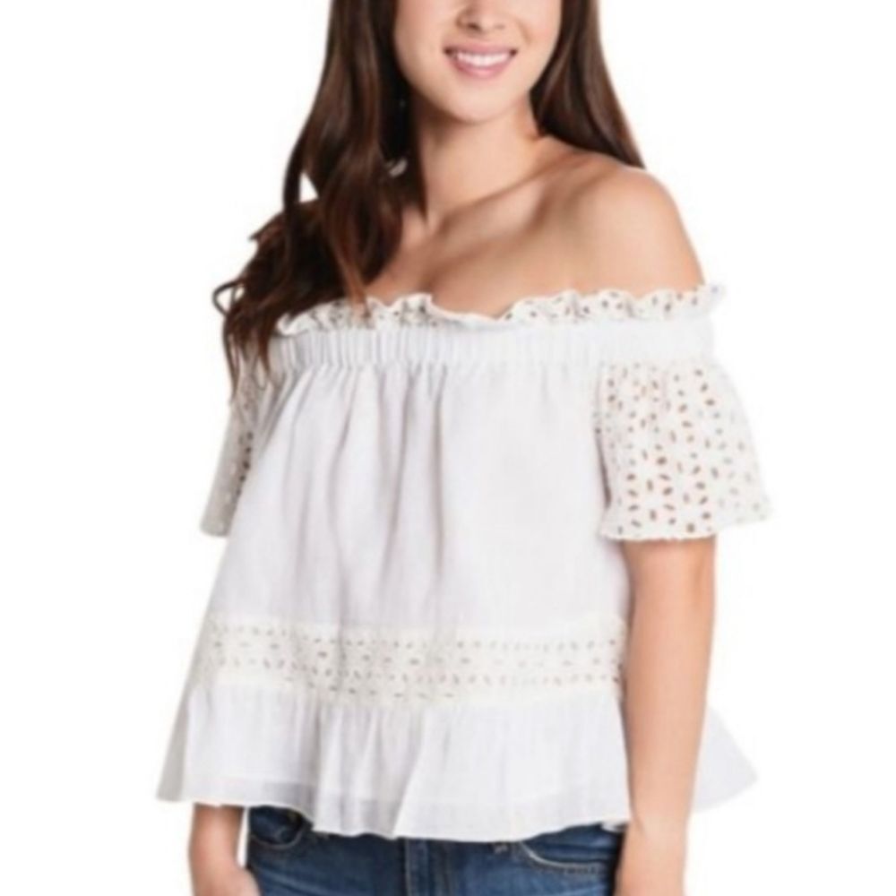 Misa White Linen Cotton Blend Off The Shoulder OTS Eyelet Lace Blouse Size S